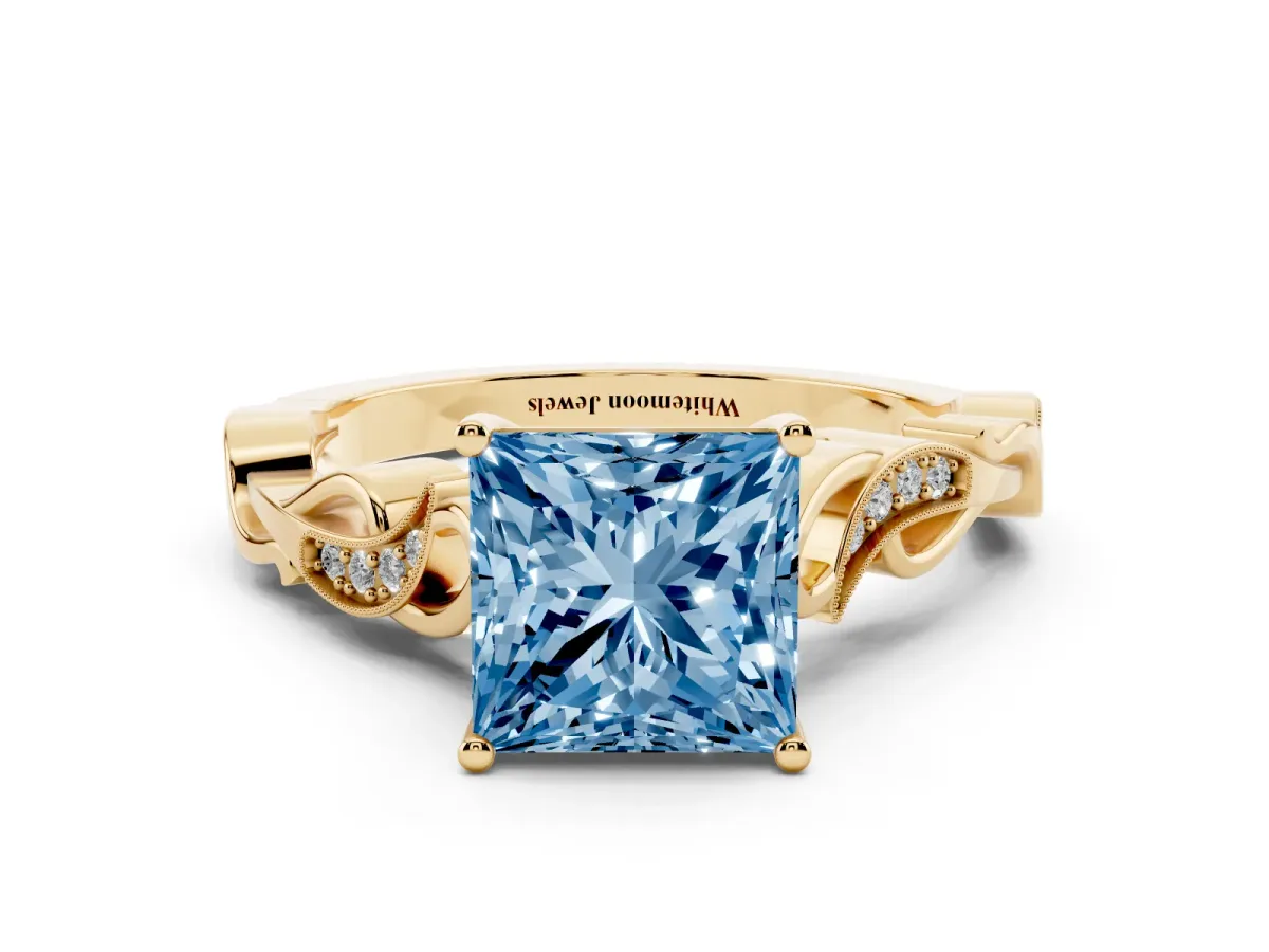 Fancy Blue Princess Cut Solitaire Vine Band with Milgrain Prong Setting Yellow gold