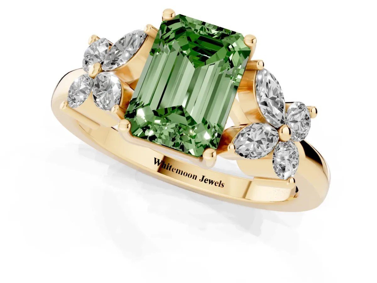 Fancy Green Emerald Cut Diamond Floral Cluster Ring with Solitaire Band and Prong Setting Yellow gold