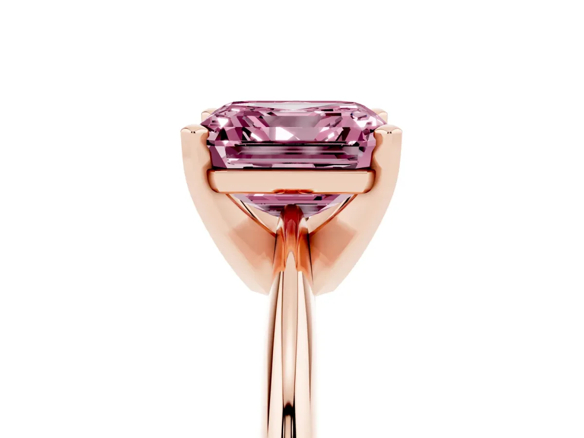 Fancy Pink Asscher Cut Cut Solitaire Ring with Four-Prong Setting on a Classic Band Rose gold