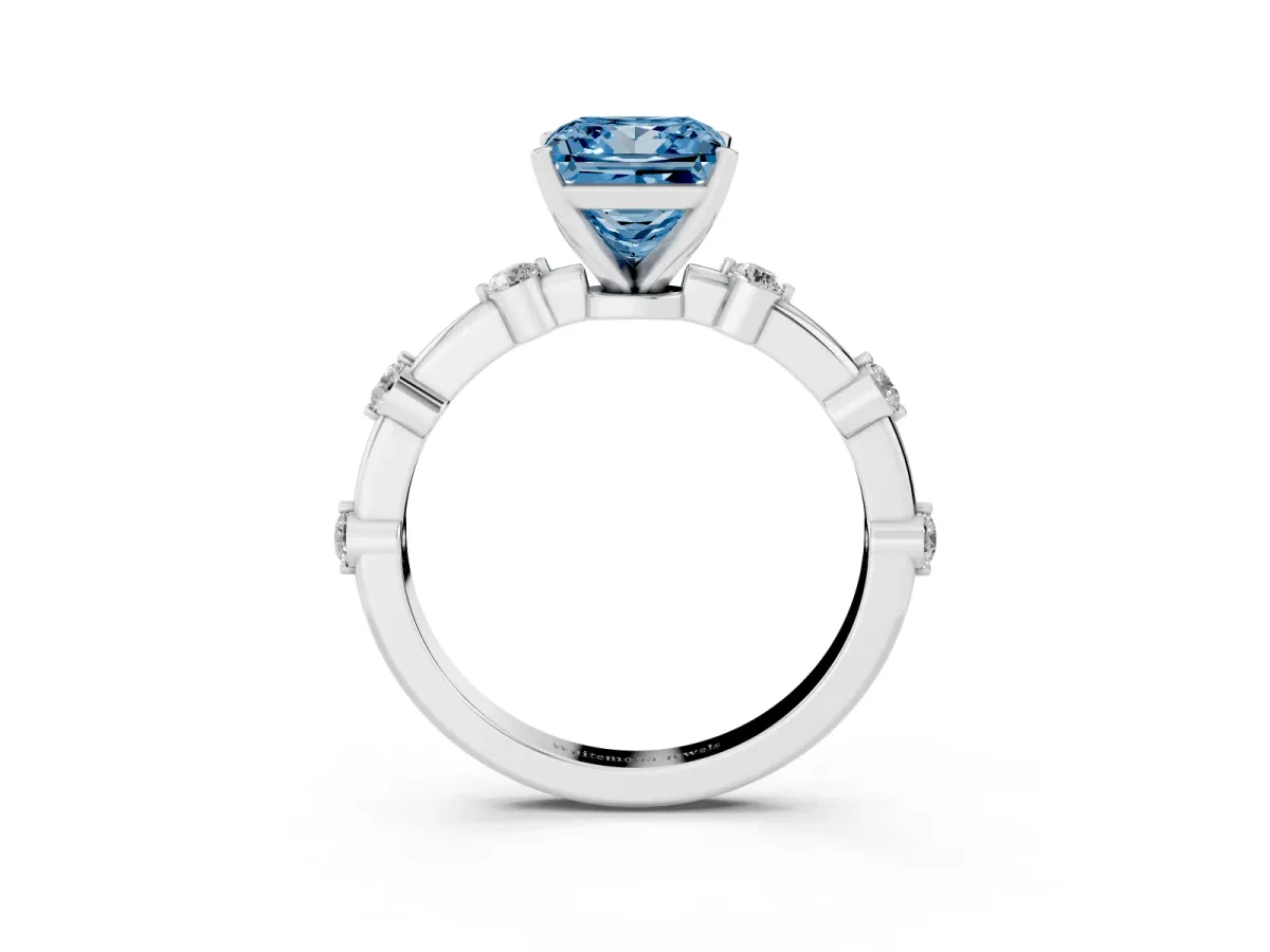 Fancy Blue Princess Cut Solitaire Diamond Ring with Bezel Set Side Stones and Prong Setting Platinum