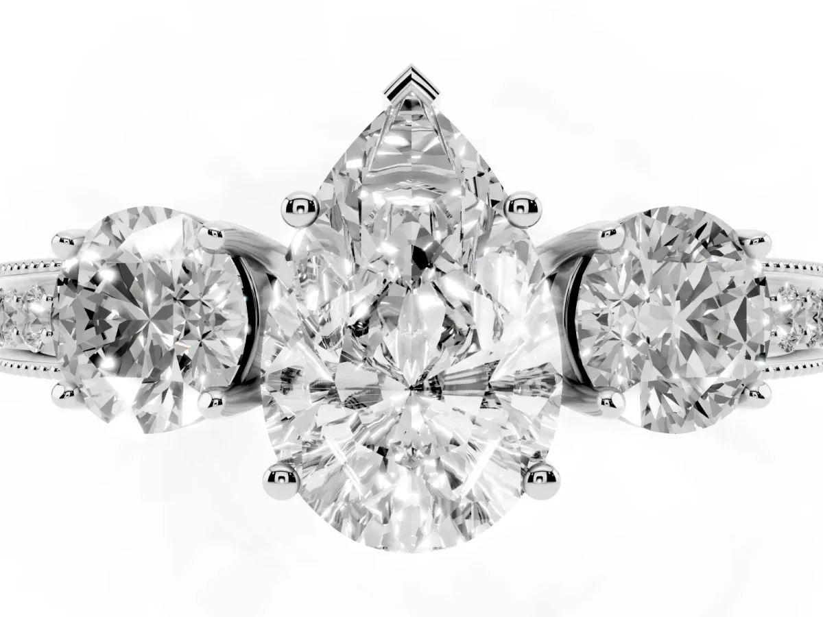 Pear Cut Three-Stone Diamond Ring with Pavé Band and Four-Prong Setting Silver