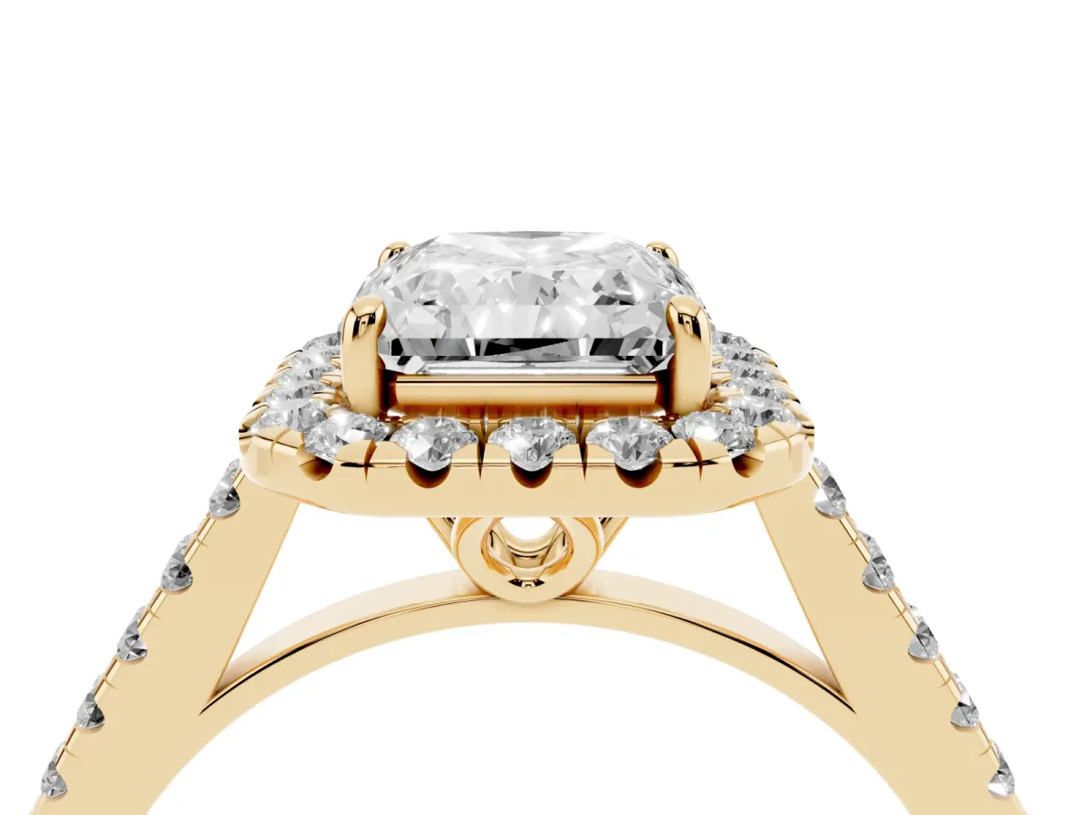 Radiant Cut Halo Pavé Diamond Engagement Ring with Four-Prong Setting Yellow gold