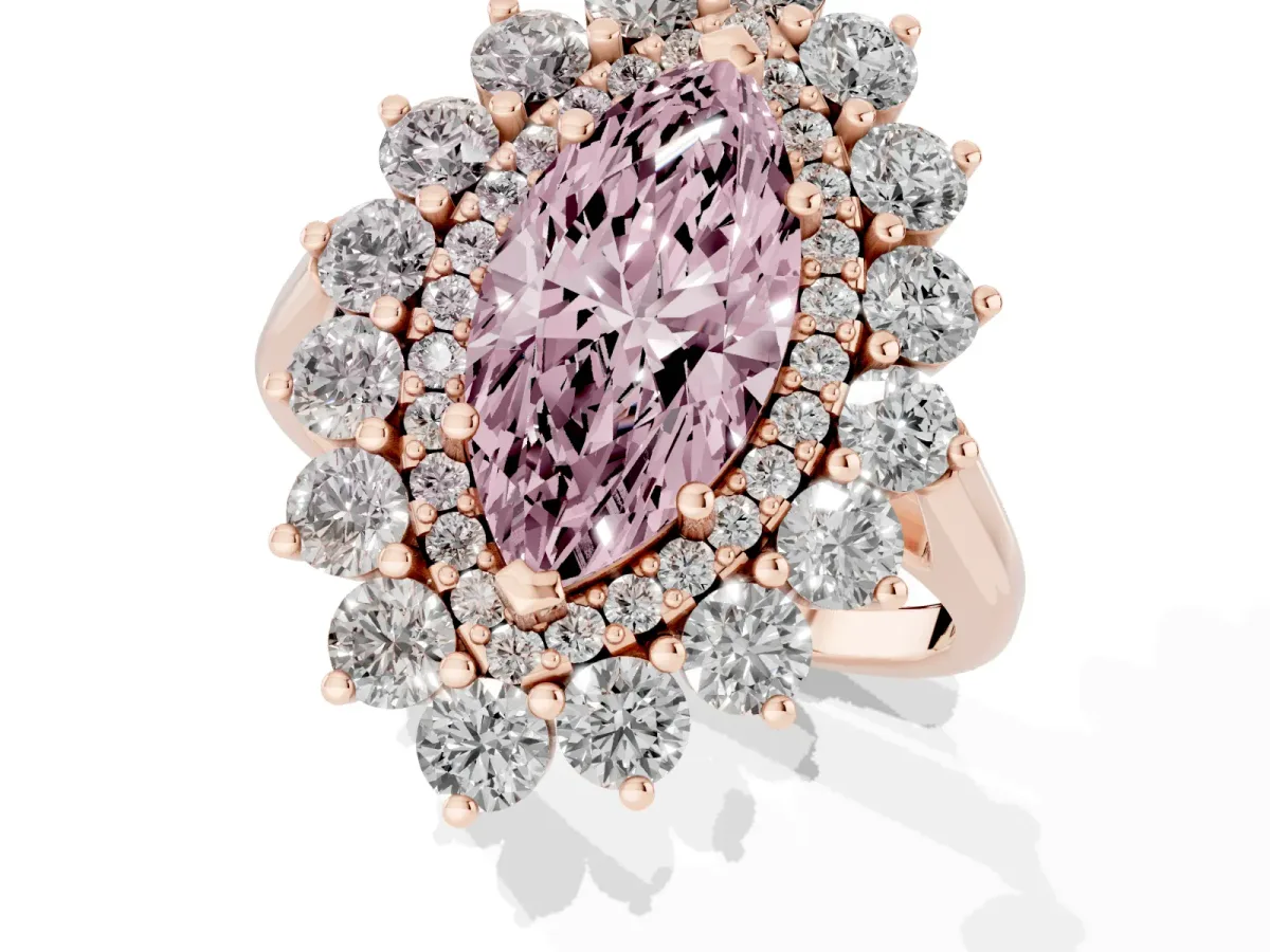 Fancy Pink Marquise Cut Diamond Floral Double Halo Engagement Ring with Prong Setting Rose gold