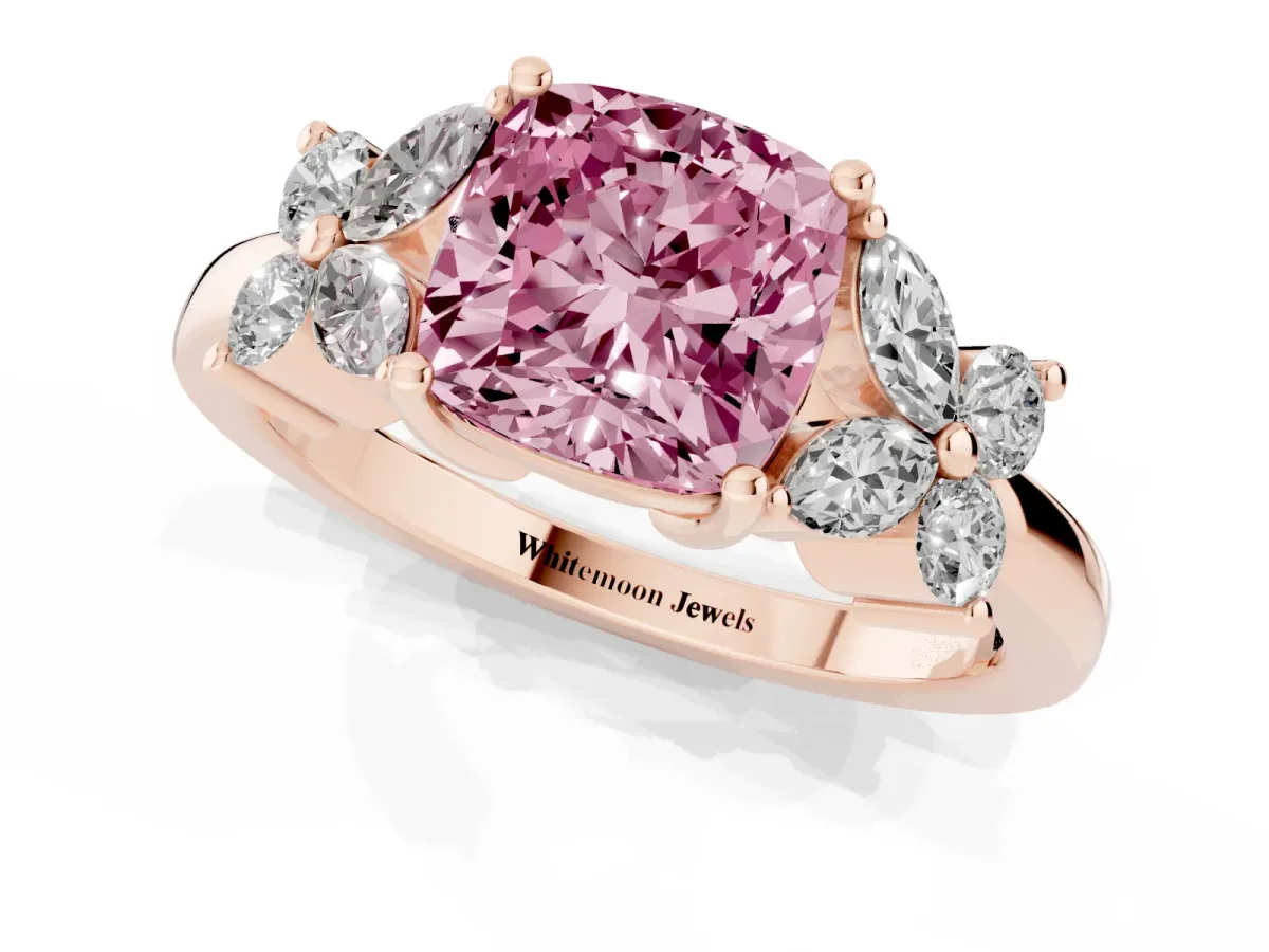 Fancy Pink Cushion Cut Diamond Floral Cluster Ring with Solitaire Band and Prong Setting Rose gold