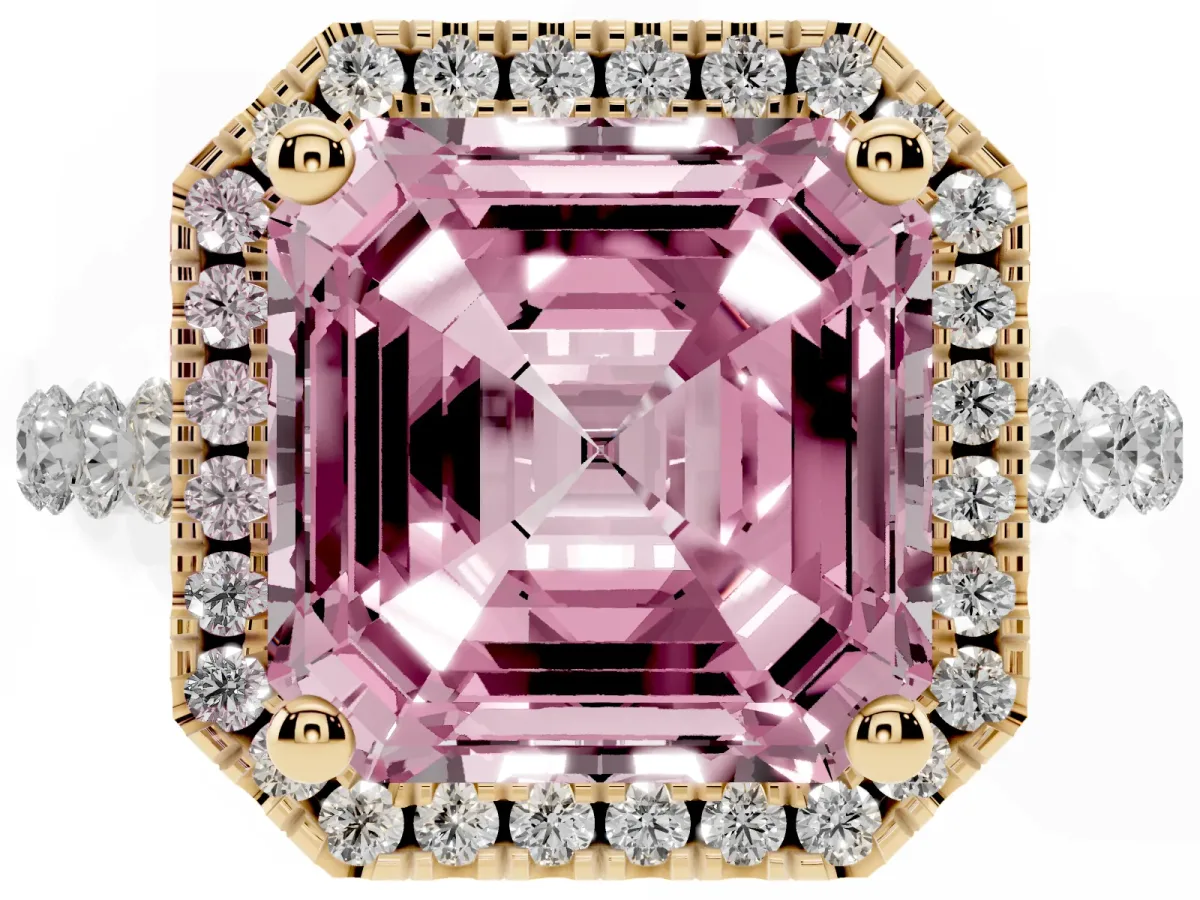 Fancy Pink Asscher Cut Halo Pavé Diamond Engagement Ring with Four-Prong Setting Yellow gold