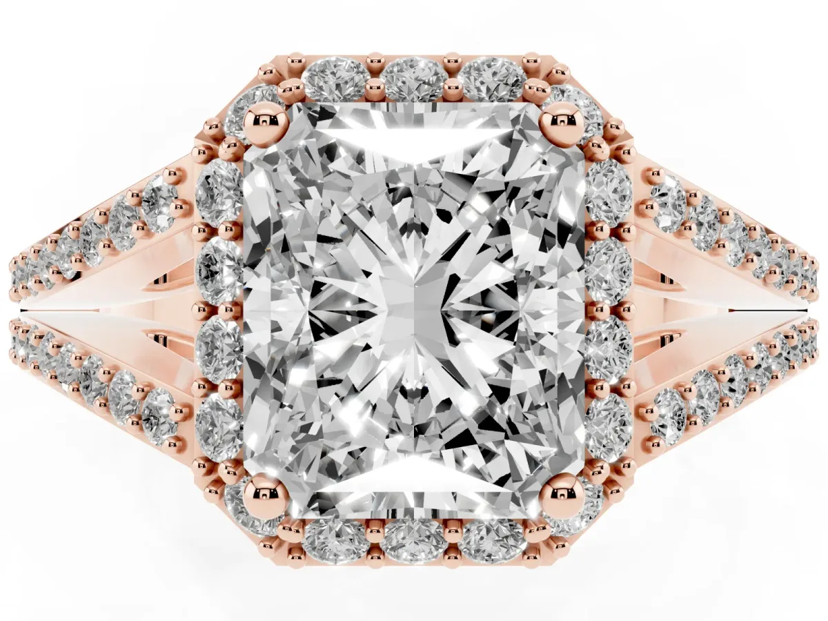 Radiant Cut Halo Split Shank Diamond Ring with Prong Setting Rose gold