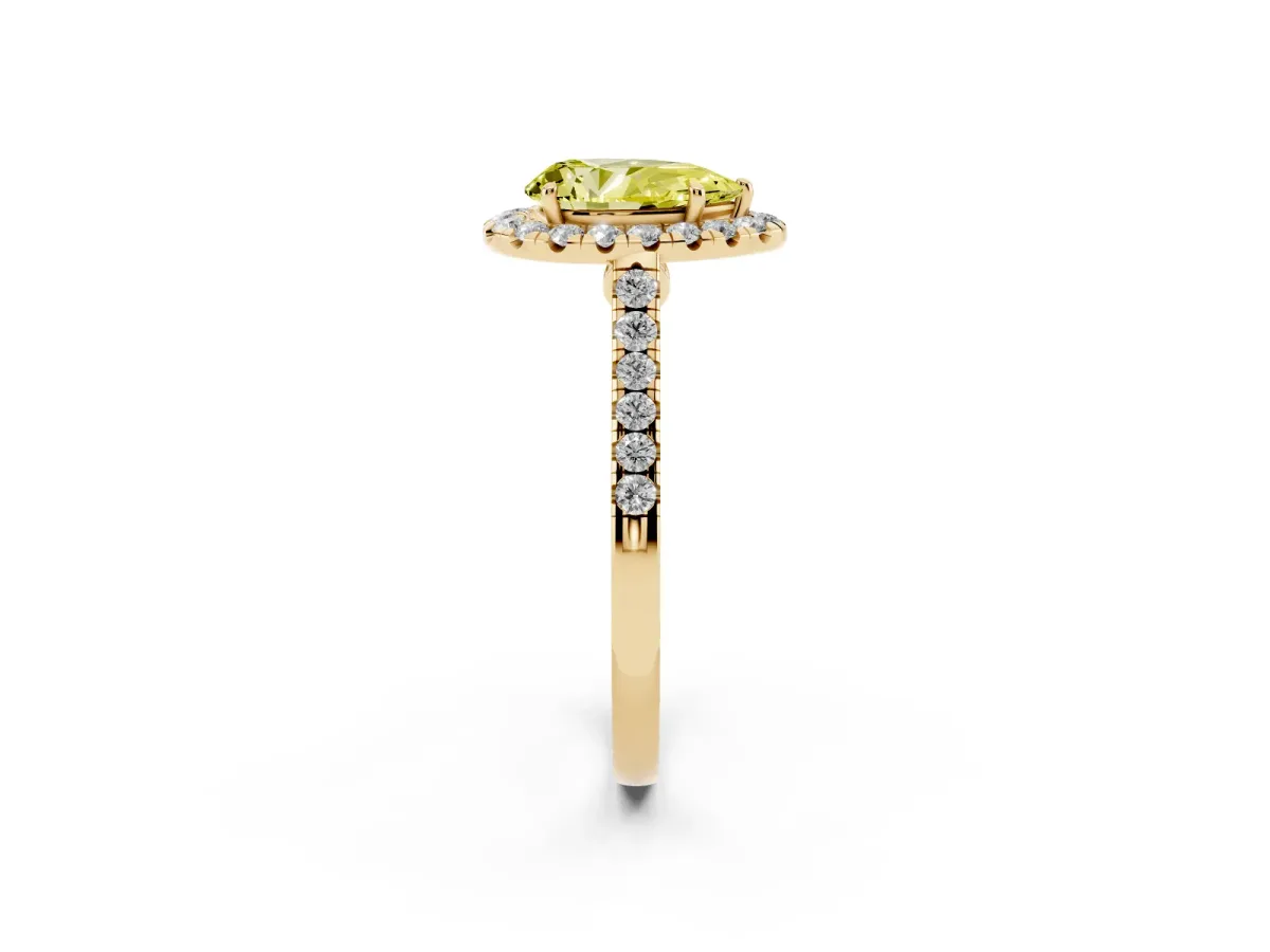 Fancy Yellow Pear Cut Halo Pave Diamond Engagement Ring with Four-Prong Setting Yellow gold