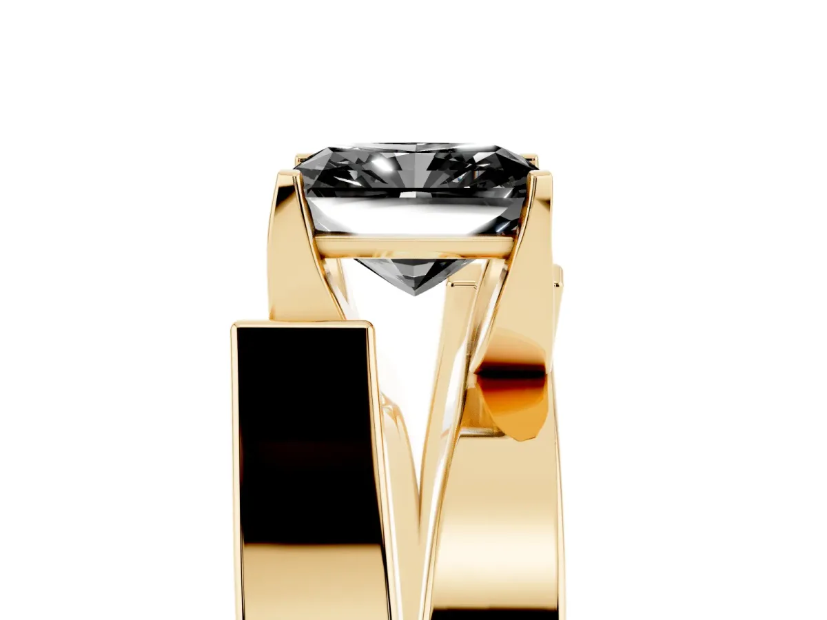 Fancy Black Modern Tension Set Radiant Cut Diamond Solitaire Wide Band Ring Yellow gold
