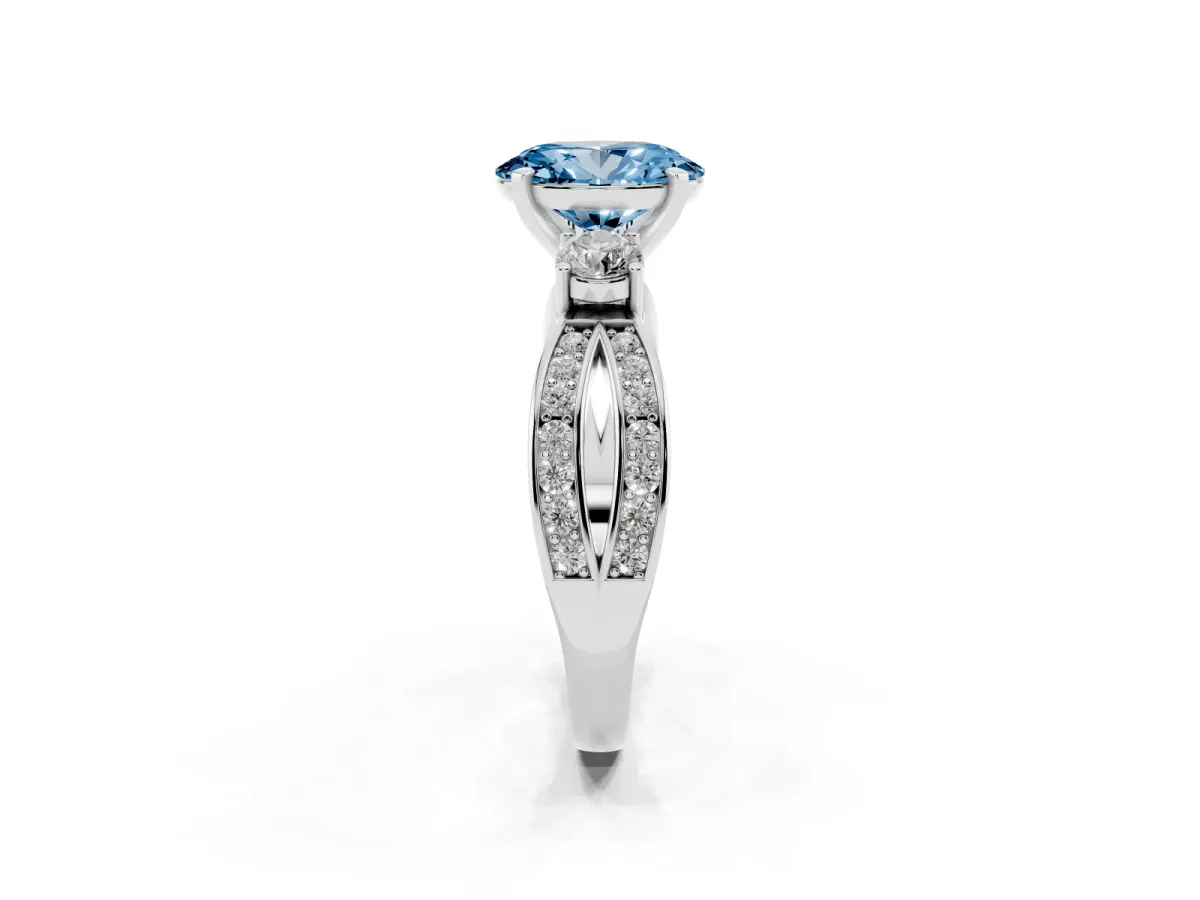 Fancy Blue Three-Stone Oval Cut Cut Diamond Twist Band with Prong Setting Platinum