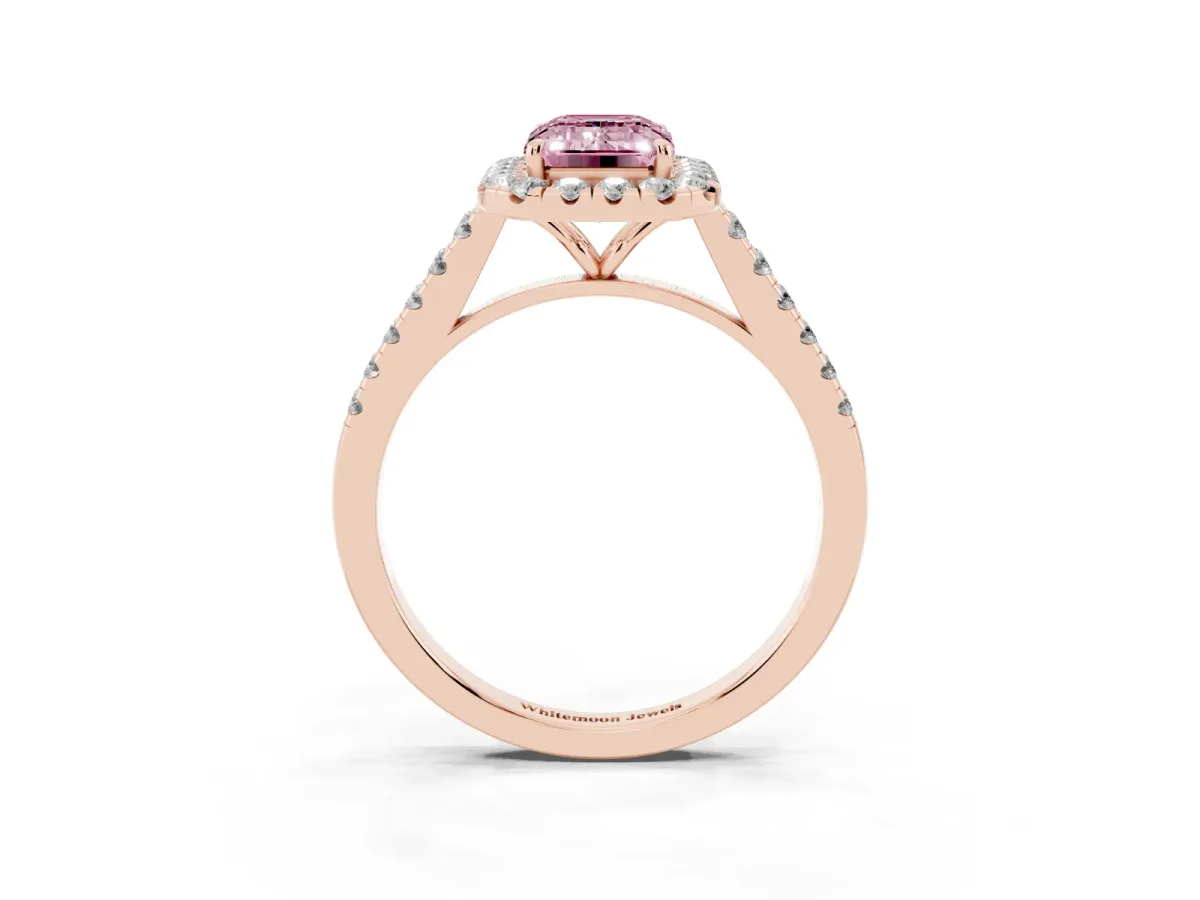 Fancy Pink Emerald Cut Halo Pave Diamond Engagement Ring with Four-Prong Setting Rose gold