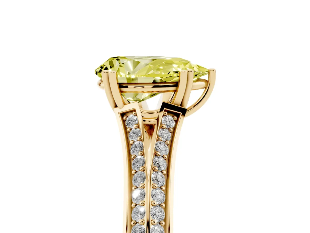 Fancy Yellow Pear Cut Diamond Split Shank Engagement Ring with Pavé Band Yellow gold