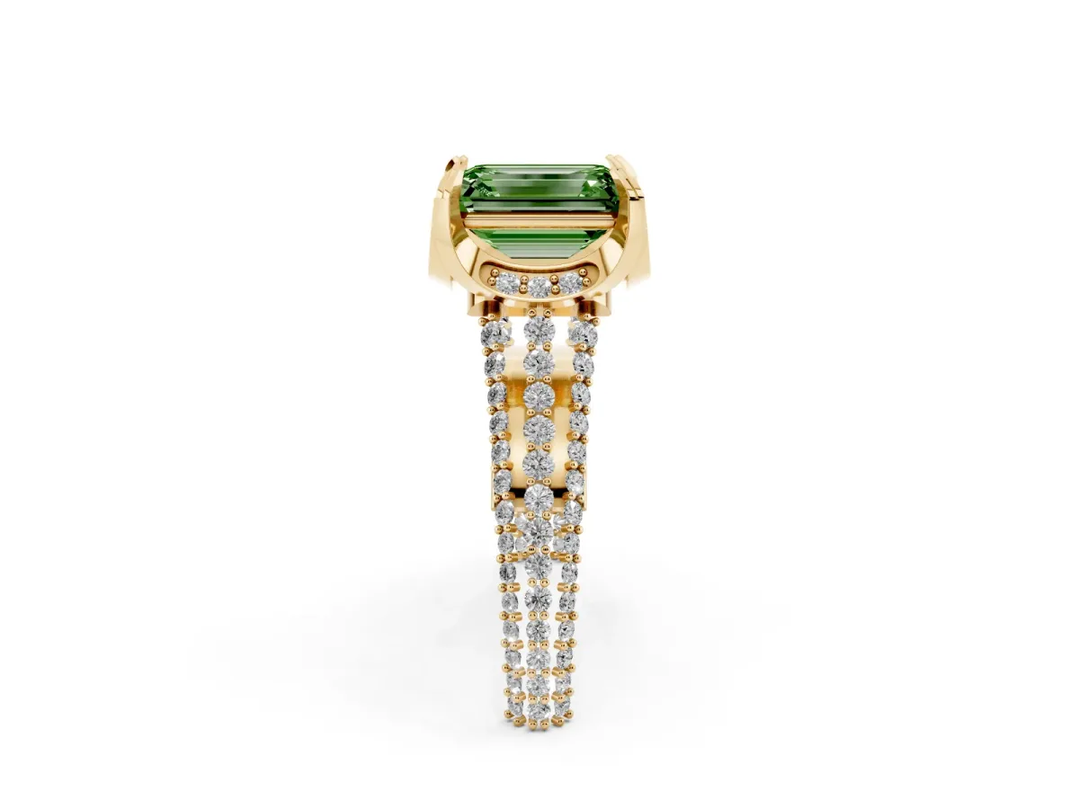 Fancy Green Emerald Cut Solitaire Pave Split Shank Ring with Four-Prong Setting Yellow gold