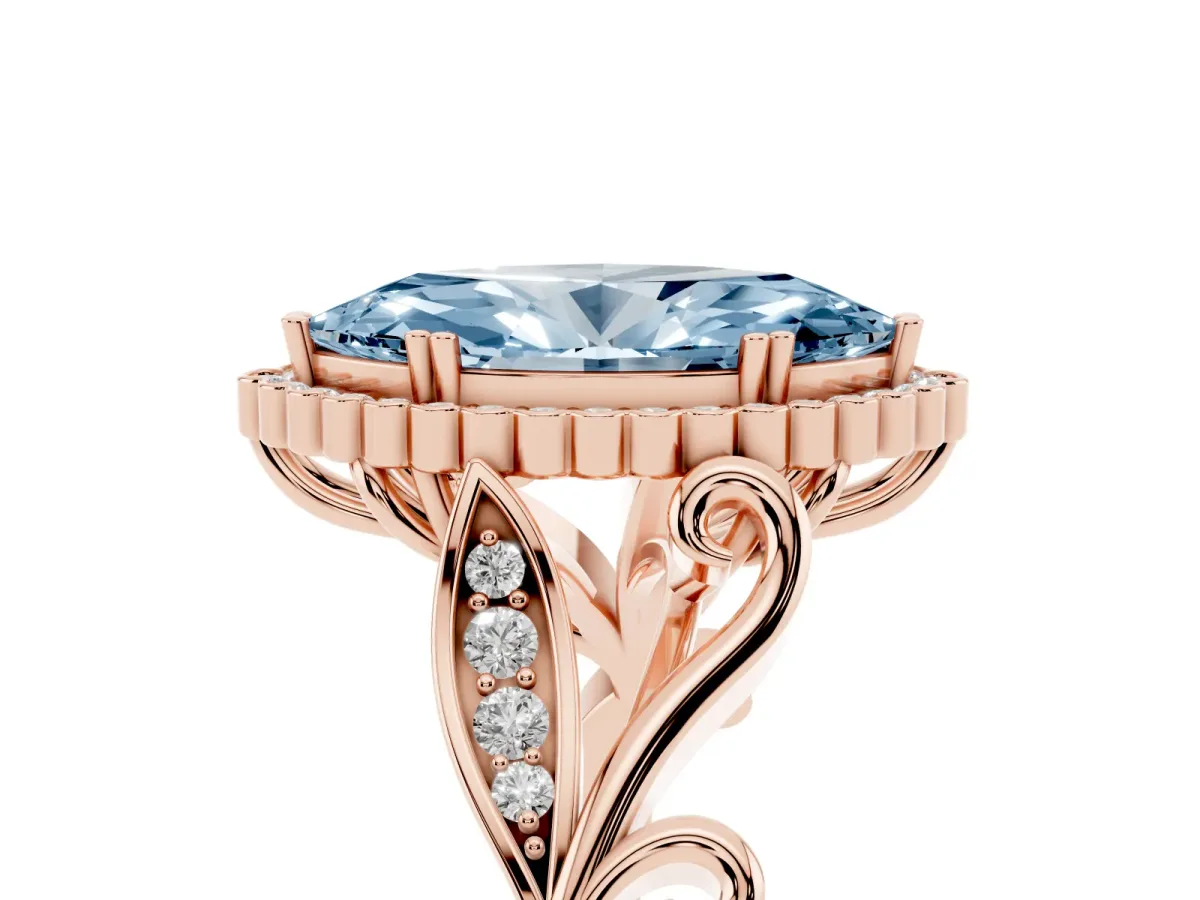 Fancy Blue Marquise Cut Diamond Halo Ring with Vintage Split Shank and Four-Prong Setting Rose gold