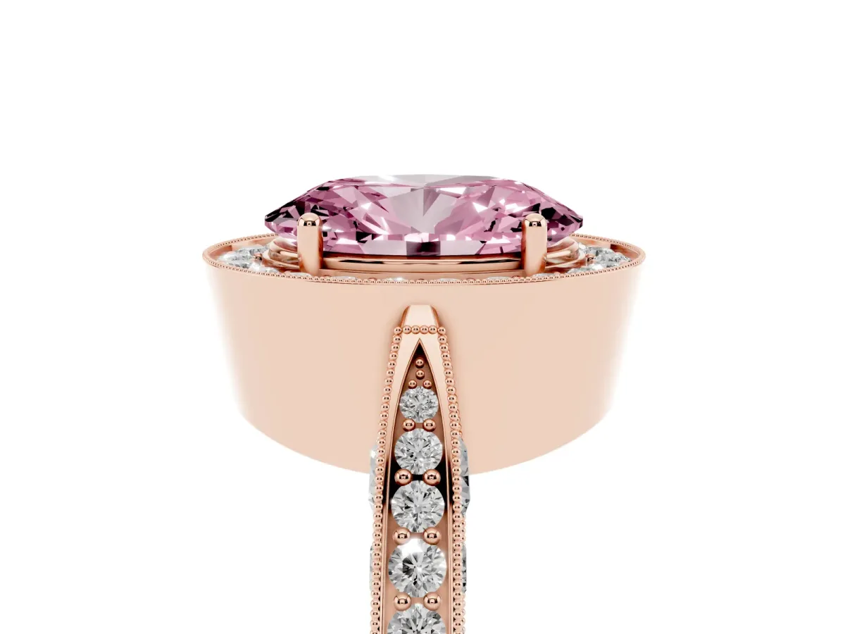 Fancy Pink Oval Cut Halo Diamond Engagement Ring with Split Shank Band and Four-Prong Setting Rose gold