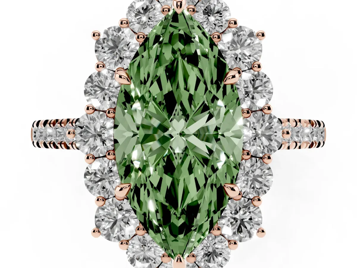 Fancy Green Marquise Cut Halo Diamond Ring with Pavé Band and Prong Setting Rose gold