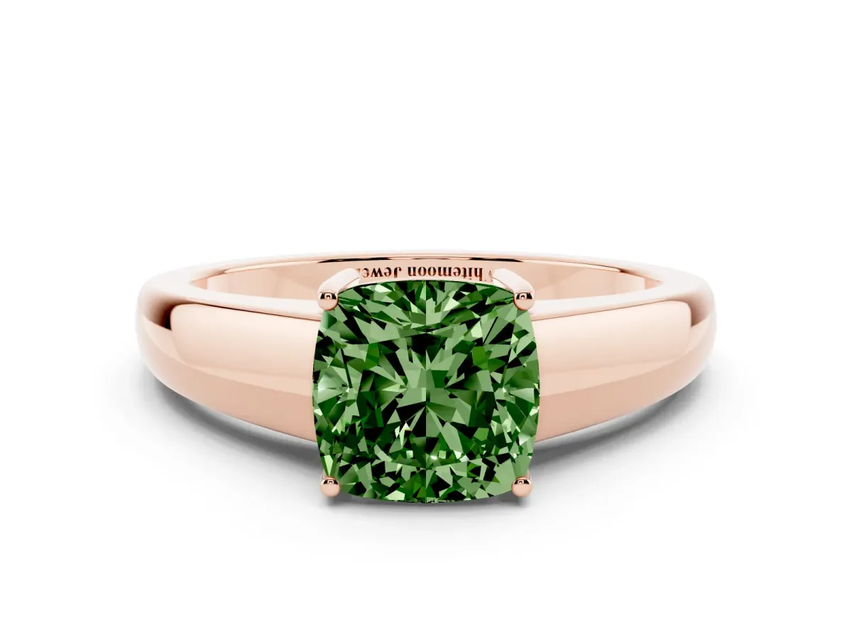 Fancy Green Cushion Cut Solitaire Diamond Ring with Tapered Band and Four-Prong Setting Rose gold