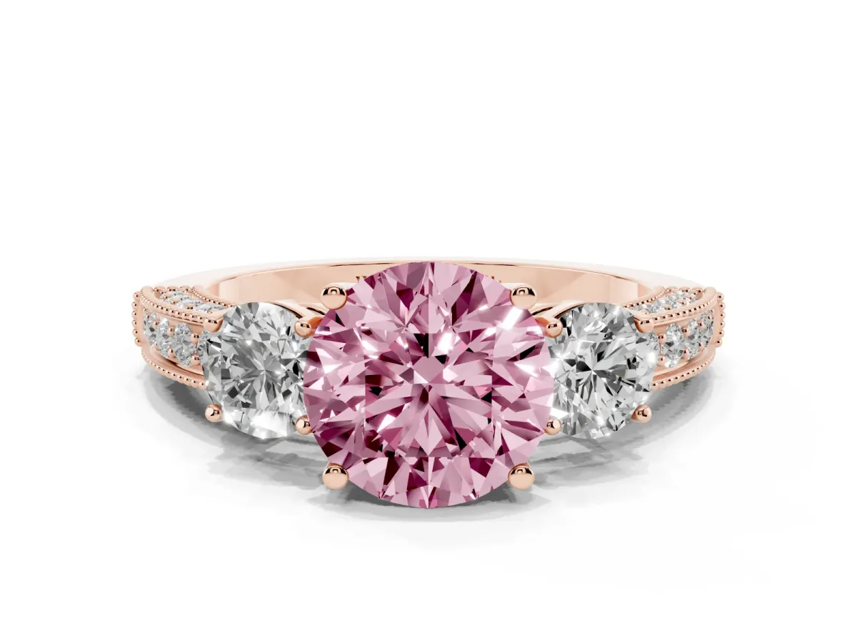 Fancy Pink Round Cut Three-Stone Diamond Ring with Pavé Band and Four-Prong Setting Rose gold
