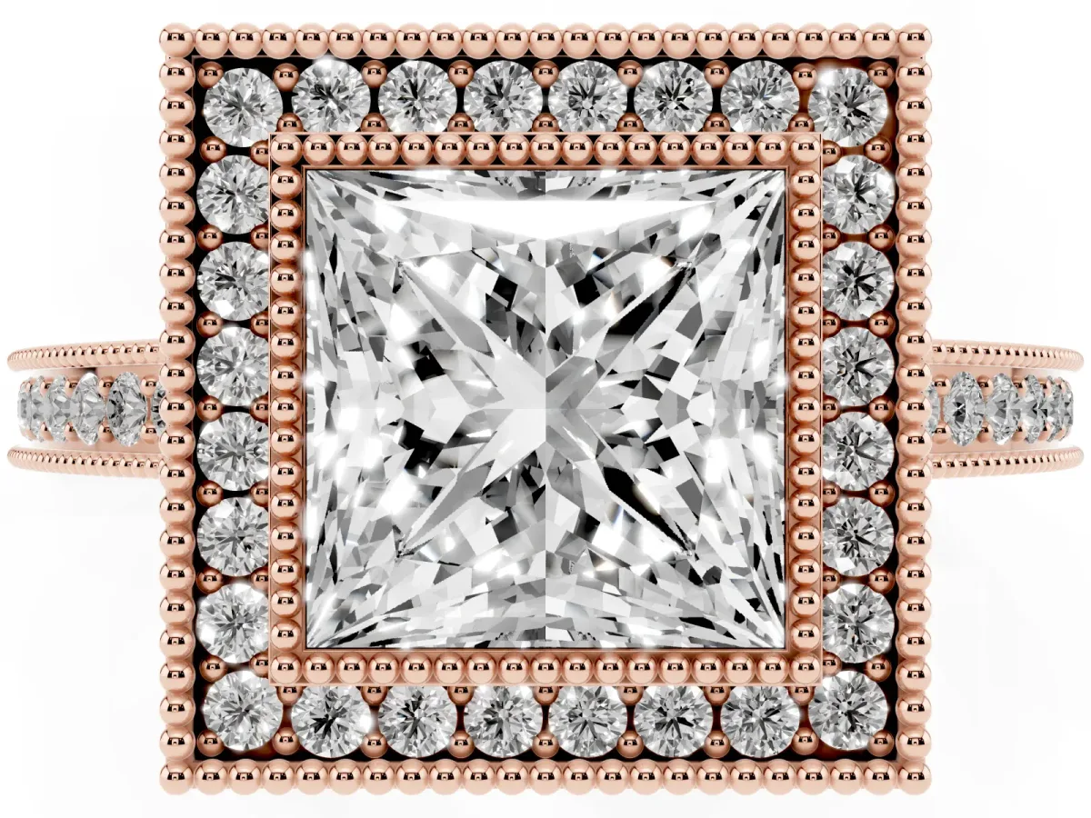 Princess Cut Cut Halo Diamond Ring with Pavé Band and Milgrain Prong Setting Rose gold
