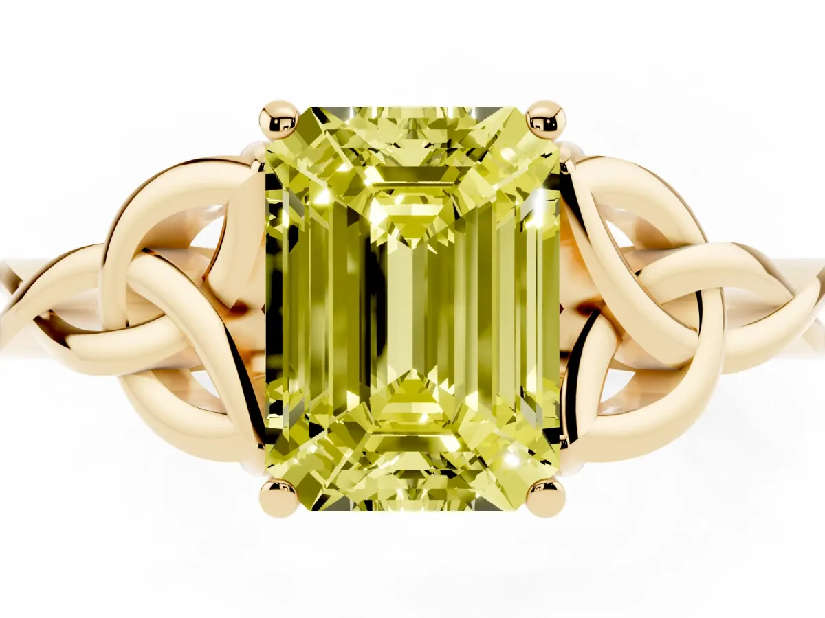 Fancy Yellow Emerald Cut Diamond Solitaire Engagement Ring with Celtic Knot Band and Four-Prong Setting Yellow gold