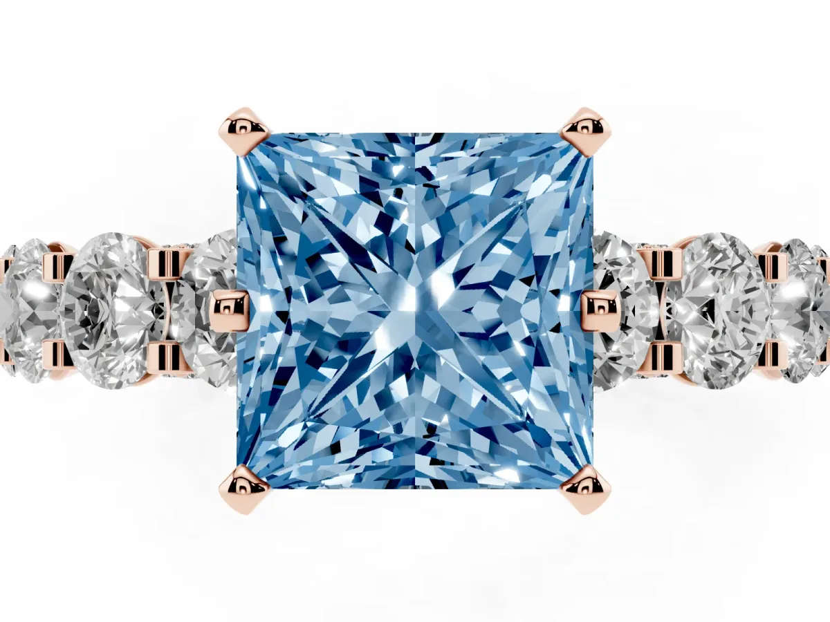 Fancy Blue Princess Cut Diamond Side Stone Engagement Ring with Four-Prong Setting Rose gold