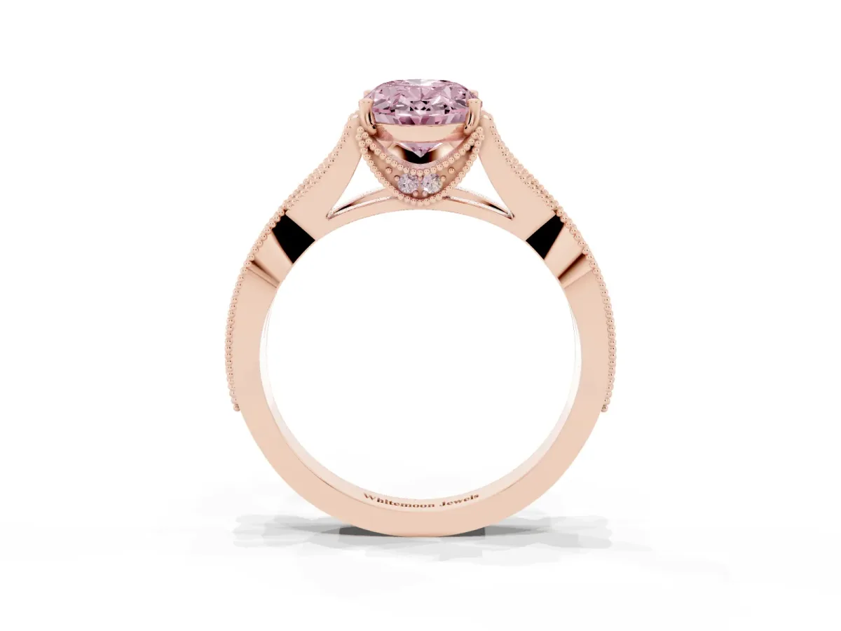 Fancy Pink Oval Cut Cut Diamond Twisted Band with Milgrain Pave Setting and Four-Prong Setting Rose gold