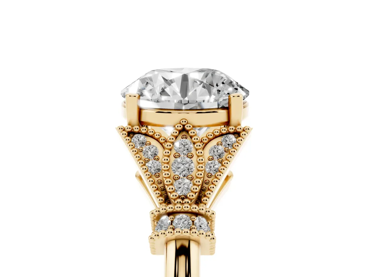 Round Cut Diamond Solitaire Ring with Floral Filigree and Pave Accents Yellow gold