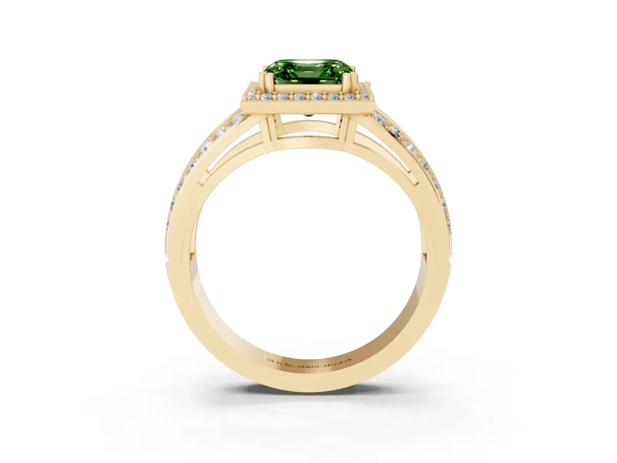 Fancy Green Asscher Cut Diamond Halo Ring with Split Shank Pavé Band and Four-Prong Setting Yellow gold