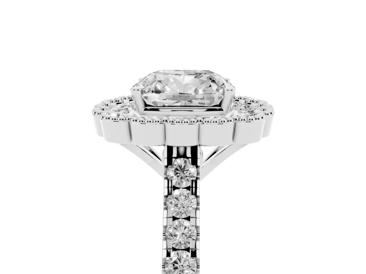 Cushion Cut Cut Diamond Milgrain Floral Halo Engagement Ring with Pavé Band White gold