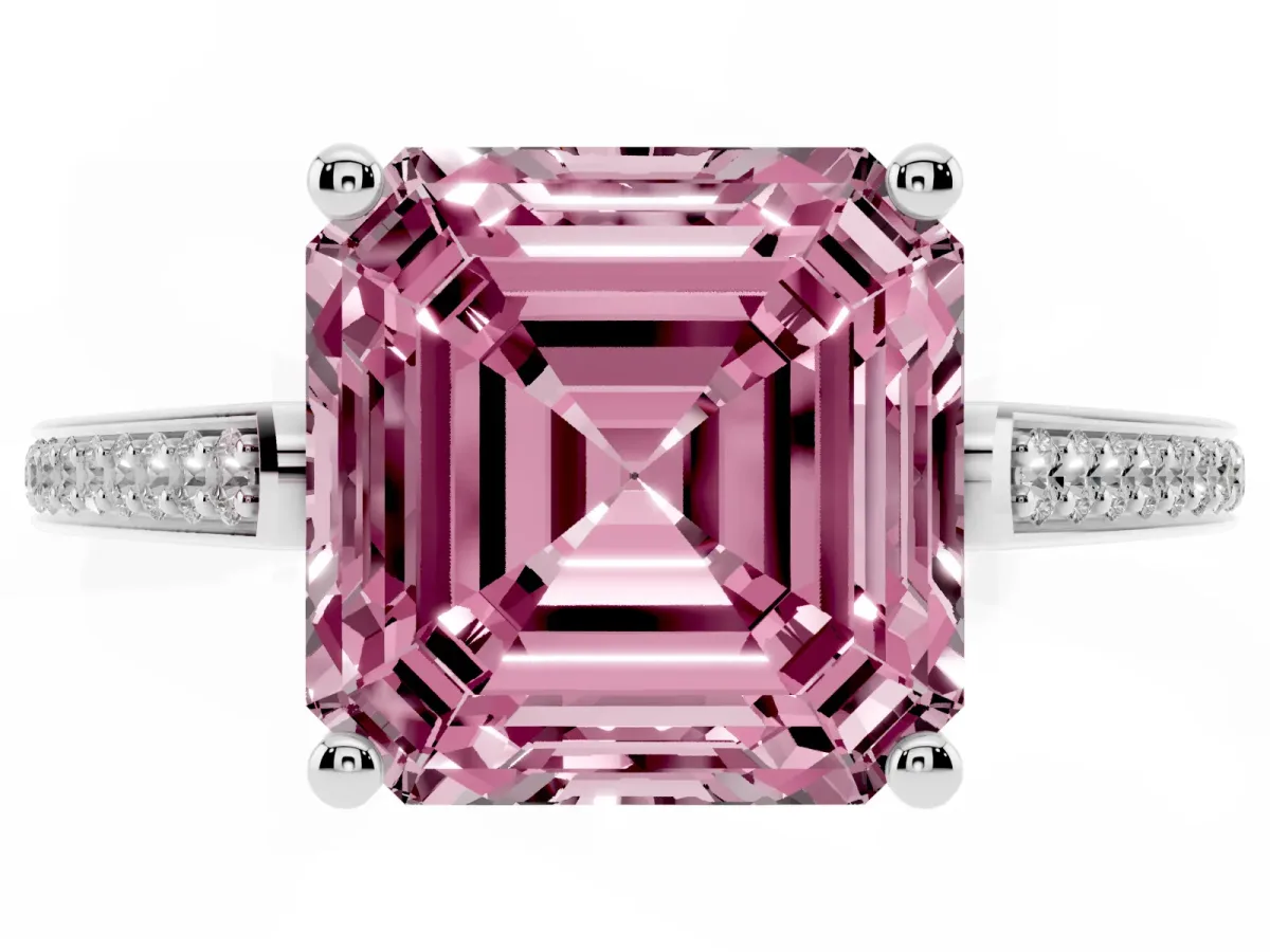 Fancy Pink Asscher Cut Cut Cathedral Pave Diamond Engagement Ring with Six-Prong Setting Silver