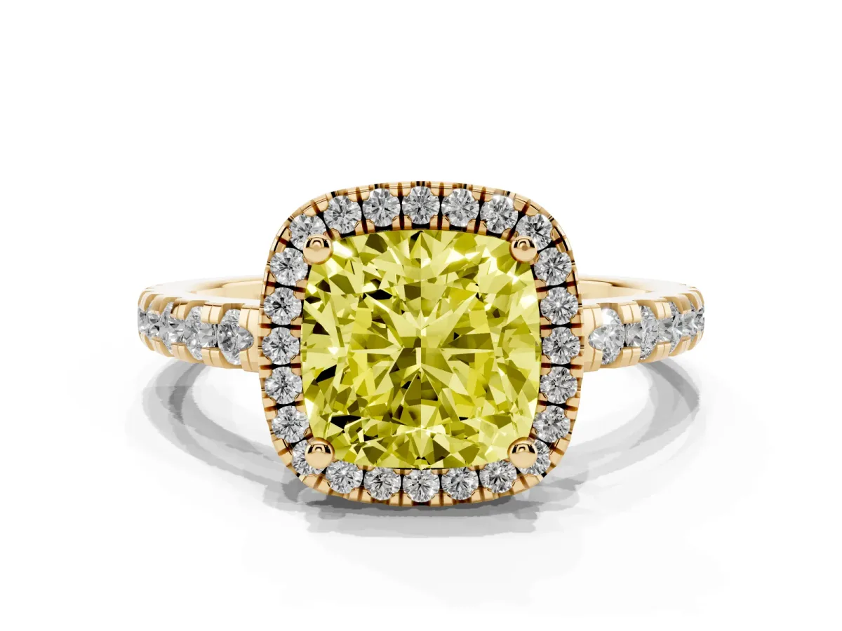 Fancy Yellow Cushion Cut Diamond Halo Ring with Pavé Band and Four-Prong Setting Yellow gold