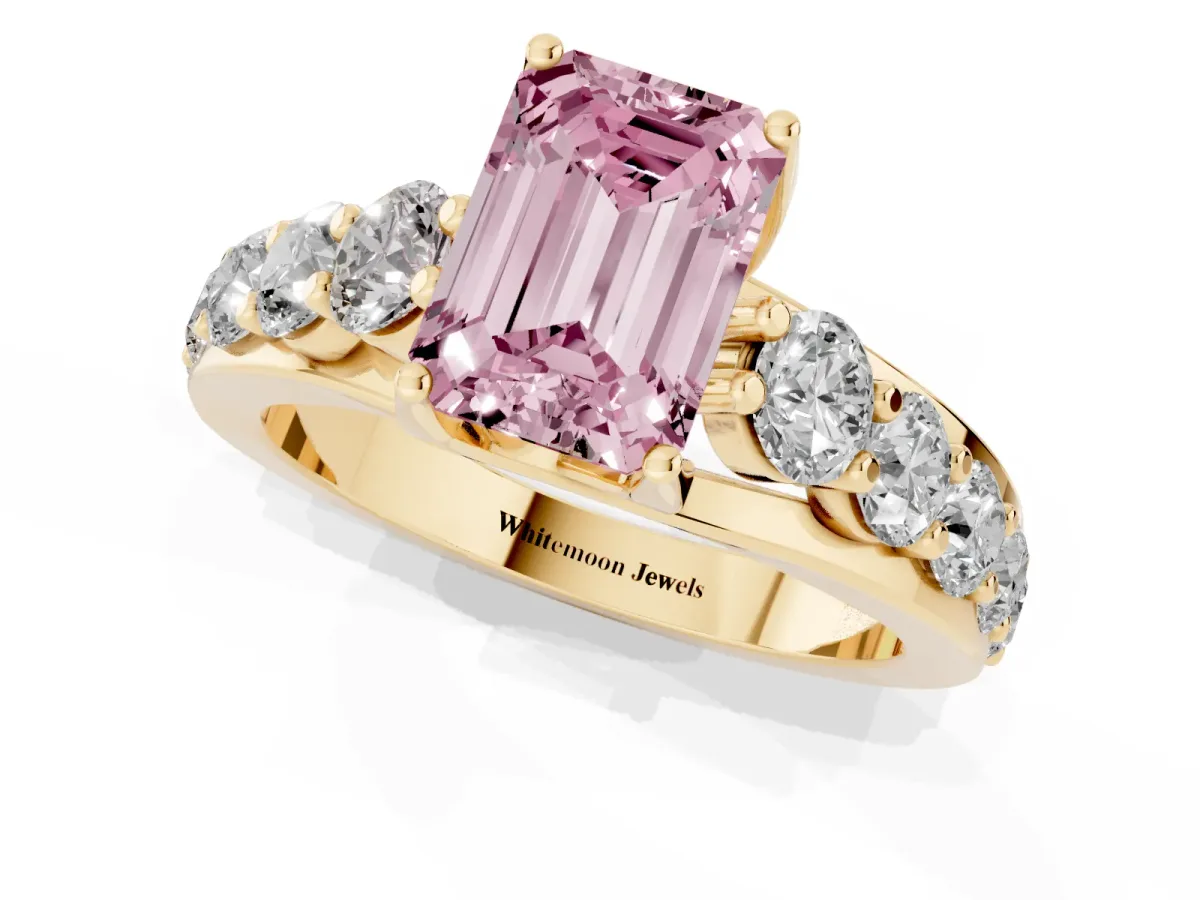 Fancy Pink Emerald Cut Diamond Engagement Ring with Pavé Band and Four-Prong Setting Yellow gold