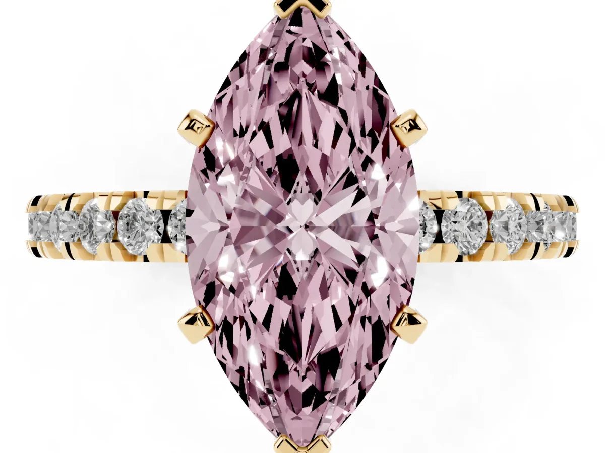 Fancy Pink Marquise Cut Diamond Pavé Band Solitaire with Four-Prong Setting Yellow gold