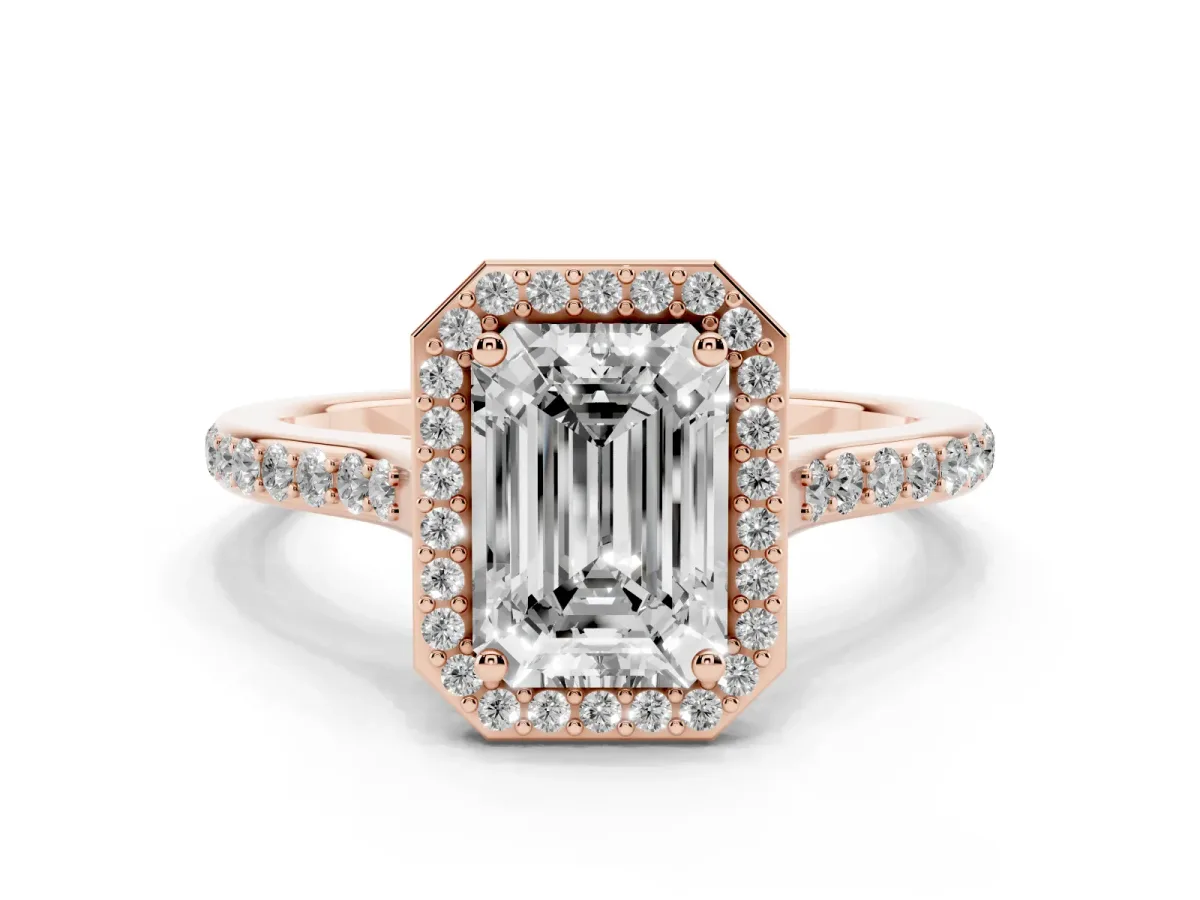 Emerald Cut Diamond Halo Engagement Ring with Round Pavé Shoulders and Prong Setting Rose gold