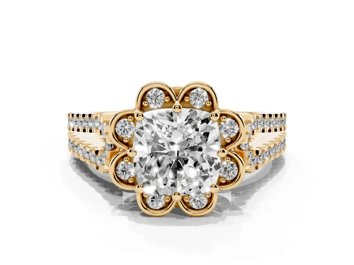 Cushion Cut Halo Diamond Floral Split Shank Engagement Ring Yellow gold