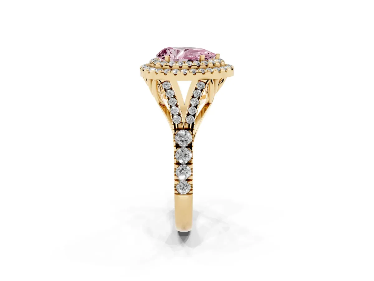 Fancy Pink Pear Cut Diamond Pavé Split Shank Double Halo Engagement Ring Yellow gold