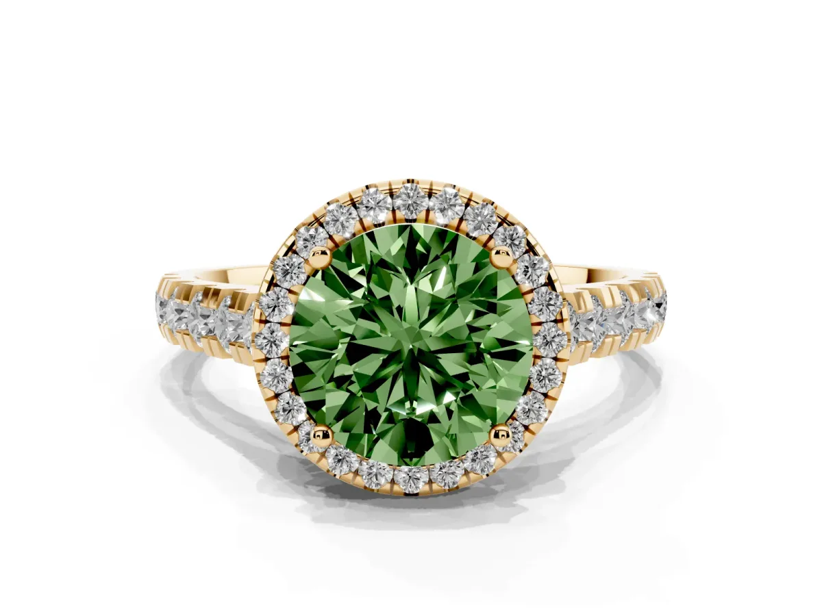Fancy Green Round Cut Halo Pavé Diamond Engagement Ring with Four-Prong Setting Yellow gold