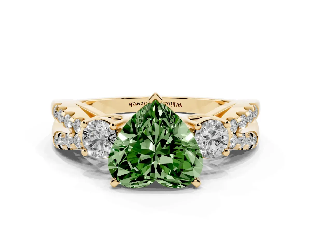 Fancy Green Heart Cut Diamond Three-Stone Ring with Pavé Split Shank and Four-Prong Setting Yellow gold