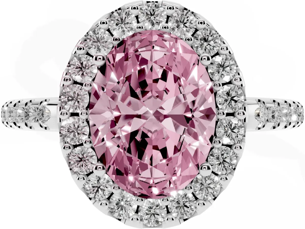 Fancy Pink Oval Cut Diamond Pavé Halo Ring with Four-Prong Setting Silver