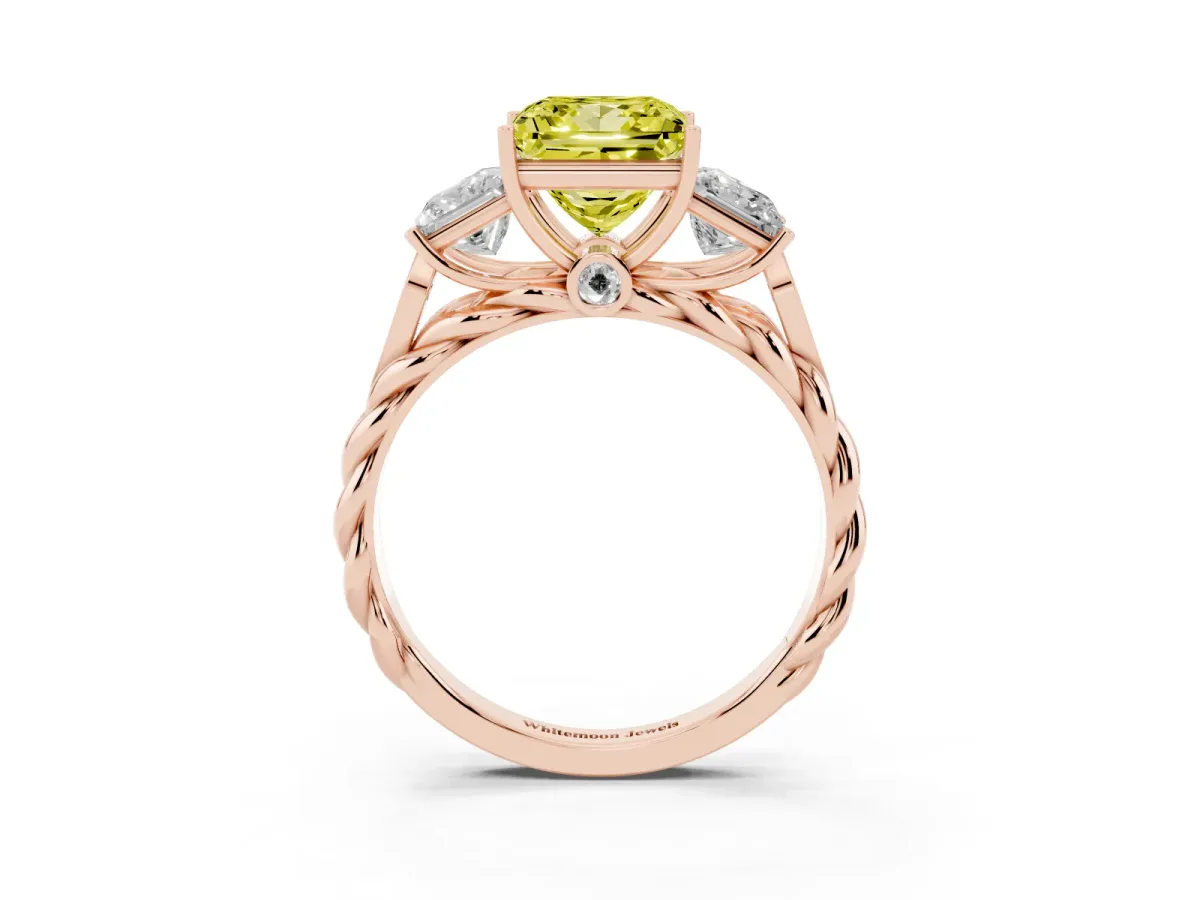 Fancy Yellow Three-Stone Princess Cut Diamond Braided Band Ring with Four-Prong Setting Rose gold