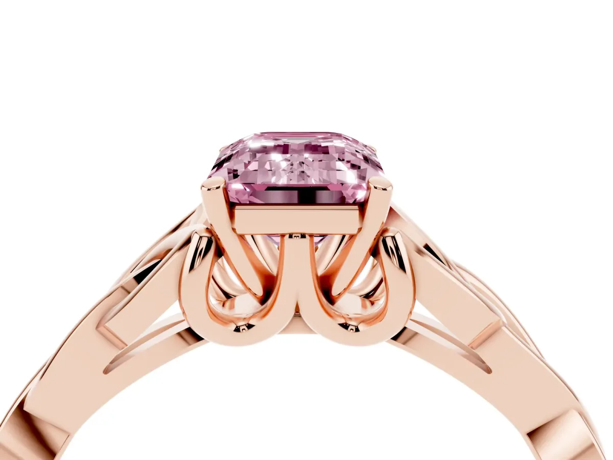 Fancy Pink Emerald Cut Diamond Solitaire Engagement Ring with Celtic Knot Band and Four-Prong Setting Rose gold