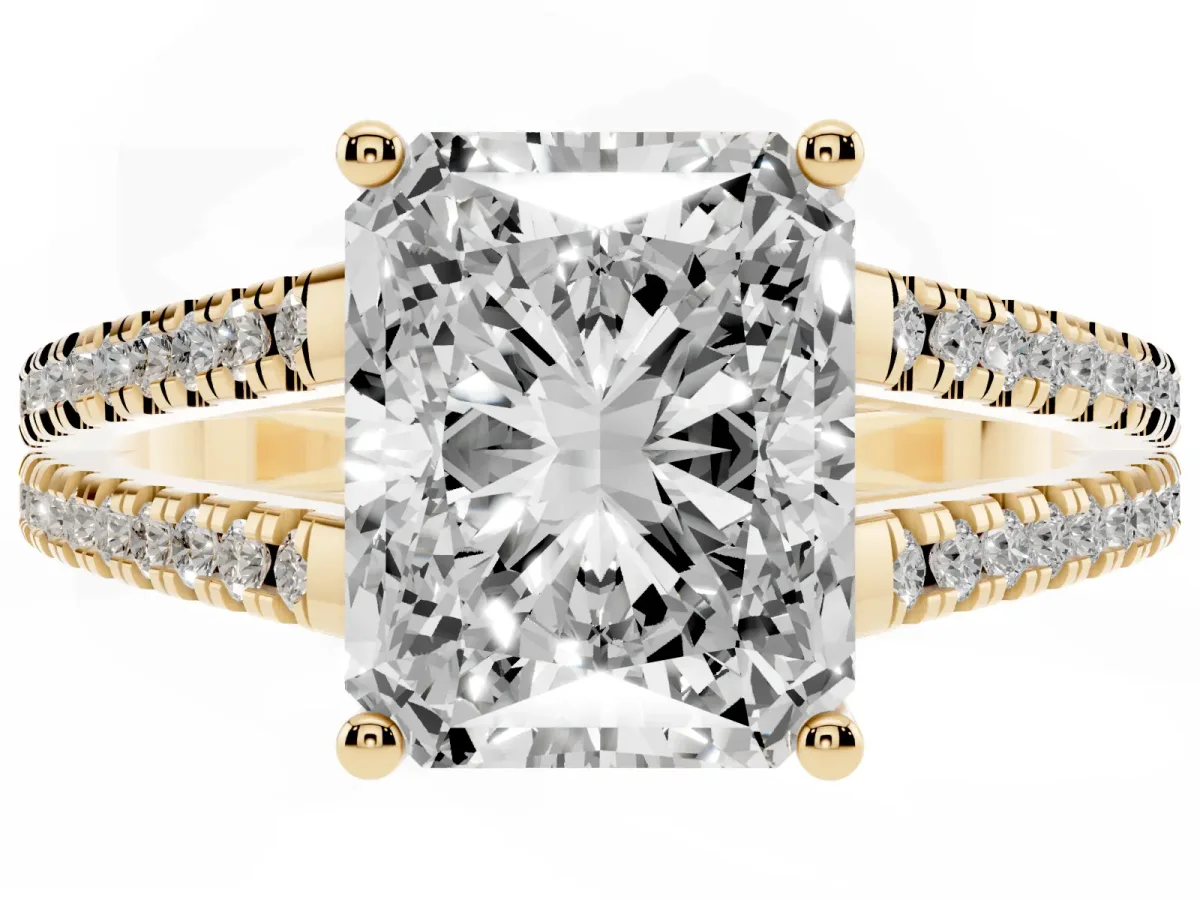 Radiant Cut Diamond Solitaire Engagement Ring with Split Shank Pavé Band Yellow gold