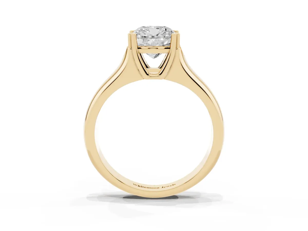 Cushion Cut Diamond Solitaire Ring with Wide Band and Prong Setting Yellow gold