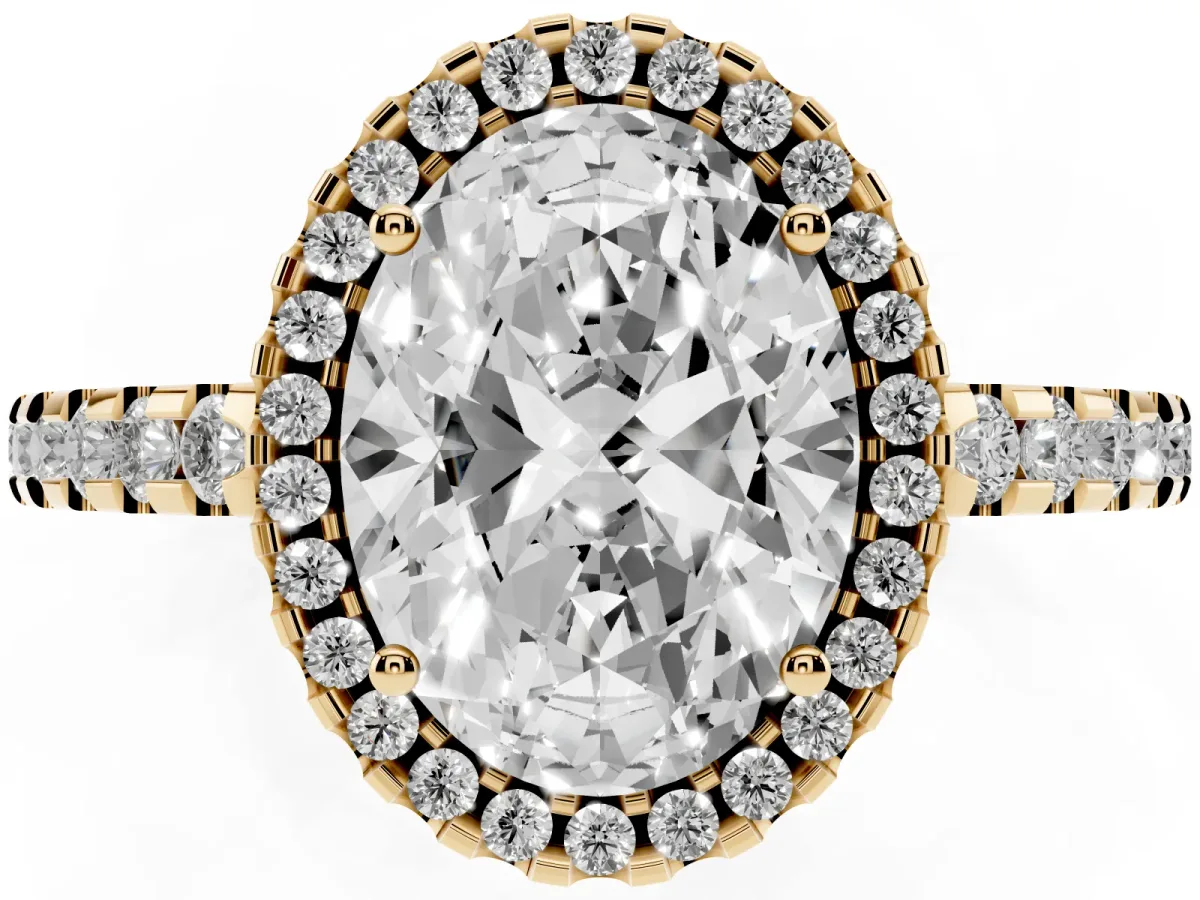 Oval Cut Diamond Halo Engagement Ring with Pavé Band and Prong Setting Yellow gold
