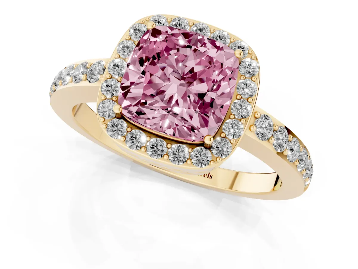 Fancy Pink Cushion Cut Halo Diamond Pavé Band Ring with Prong Setting Yellow gold