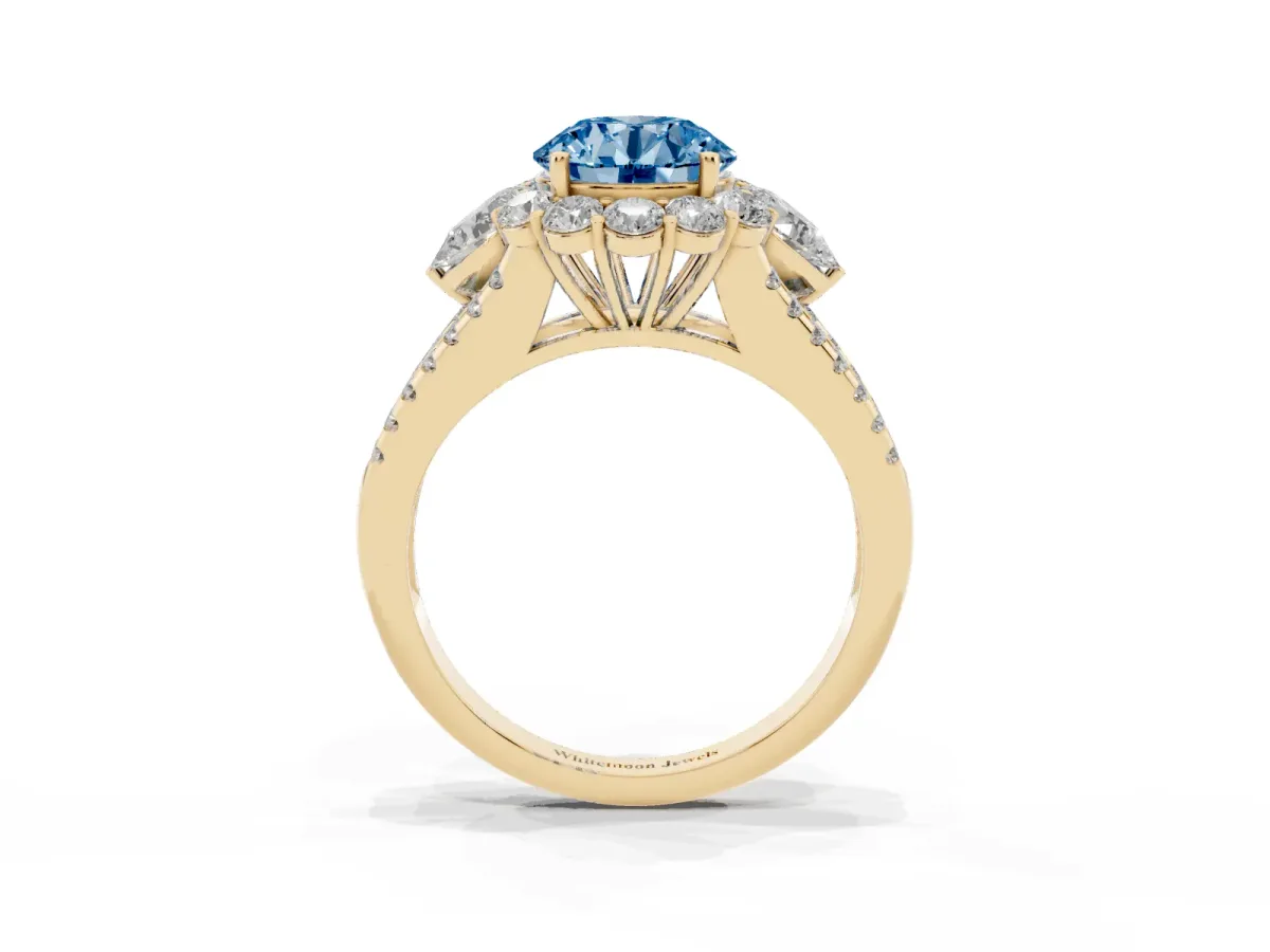 Fancy Blue Round Cut Halo Split Shank Diamond Engagement Ring with Prong Setting Yellow gold