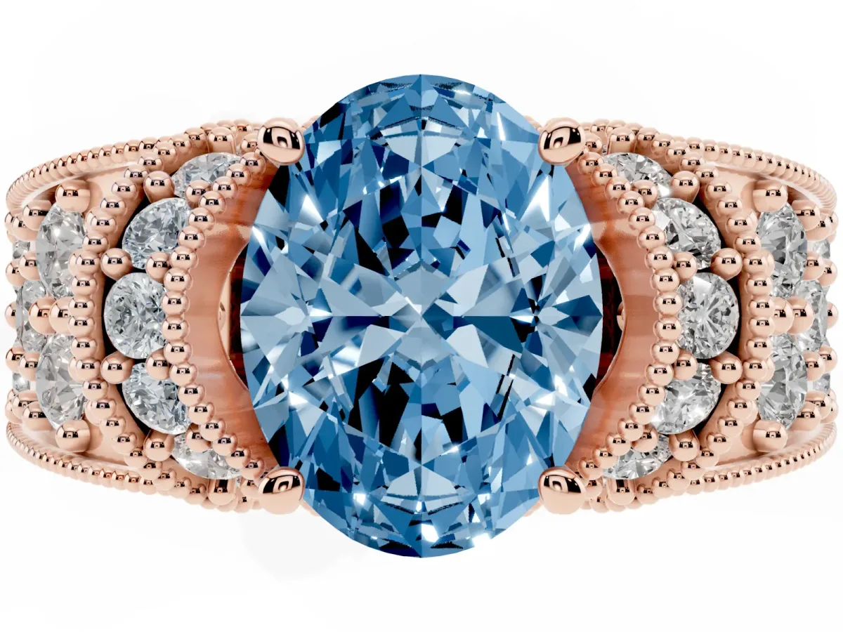 Fancy Blue Oval Cut Halo Pave Diamond Engagement Ring with Milgrain Detailing Rose gold