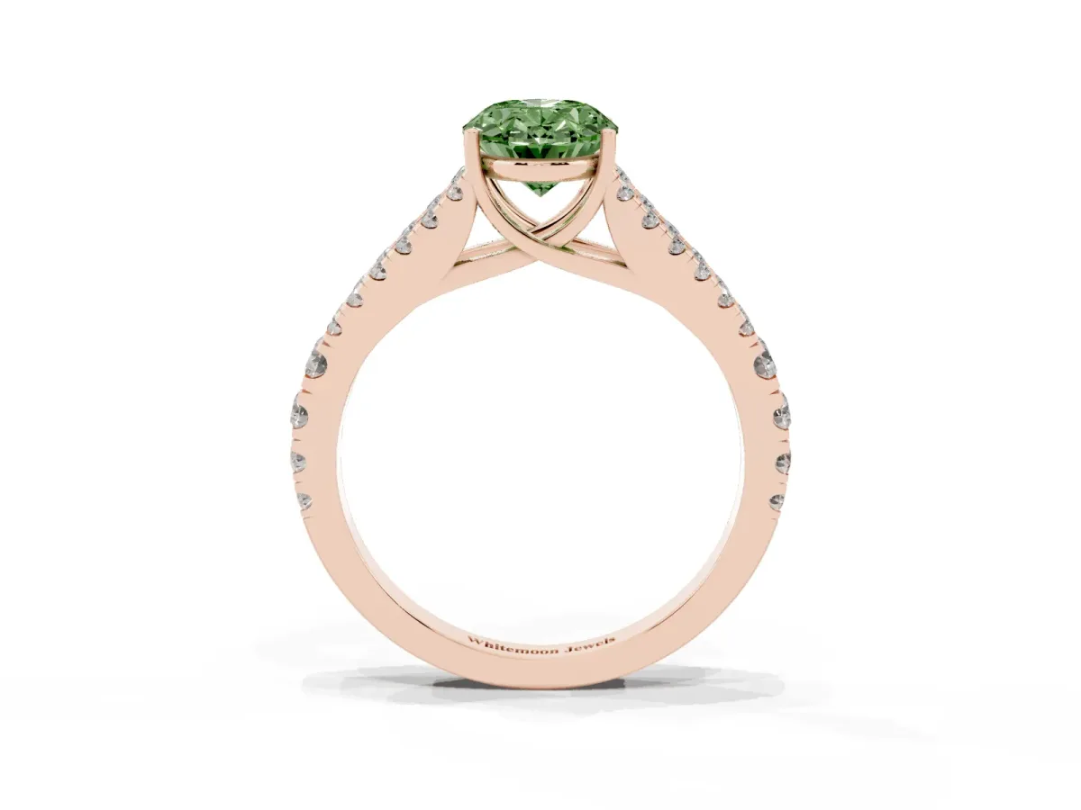 Fancy Green Oval Cut Diamond Split Shank Pavé Engagement Ring with Four-Prong Setting Rose gold