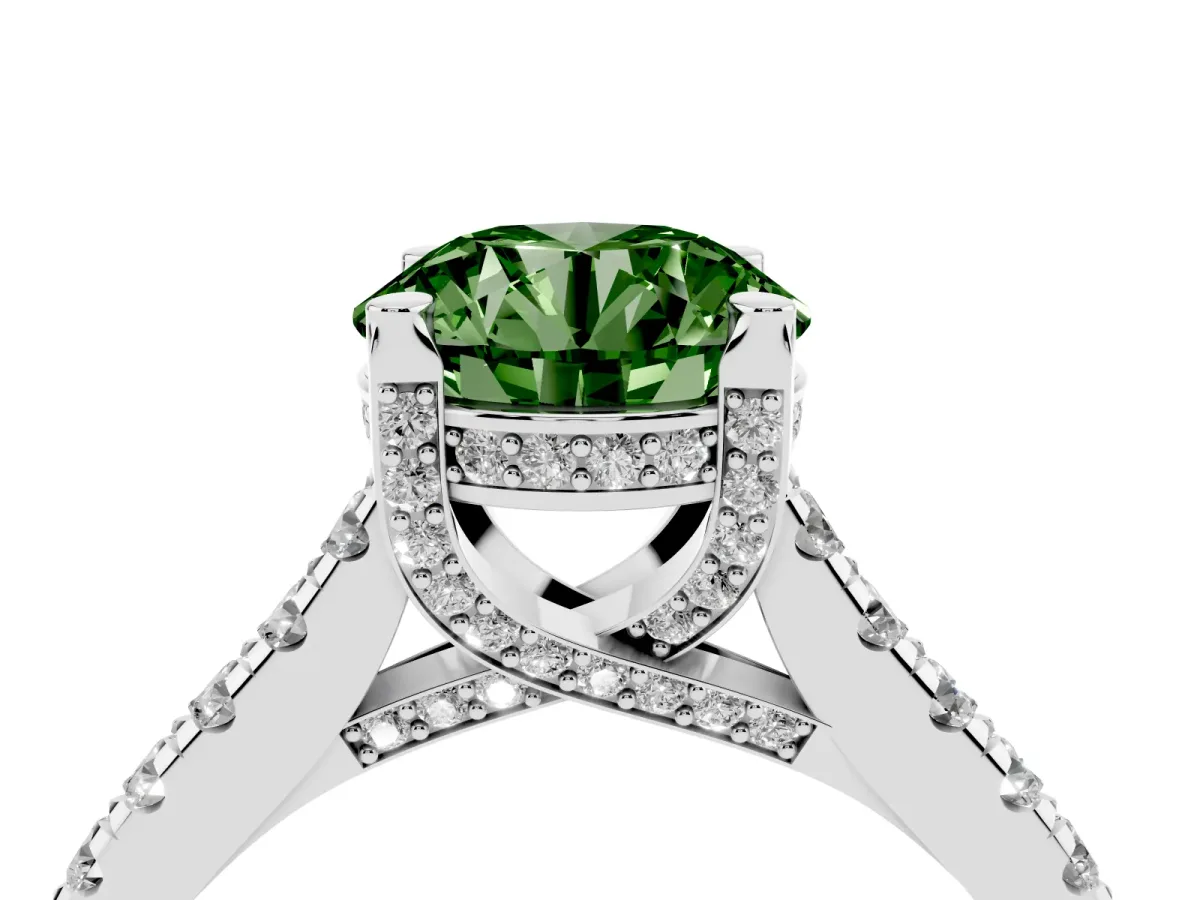 Fancy Green Round Cut Brilliant Diamond Solitaire with Pavé Band and Four-Prong Setting White gold