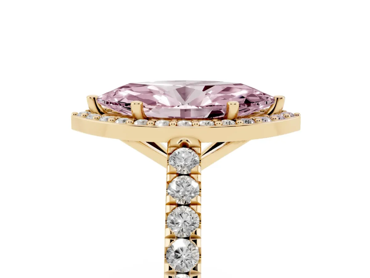 Fancy Pink Marquise Cut Cut Halo Diamond Engagement Ring with Pave Band and Four-Prong Setting Yellow gold