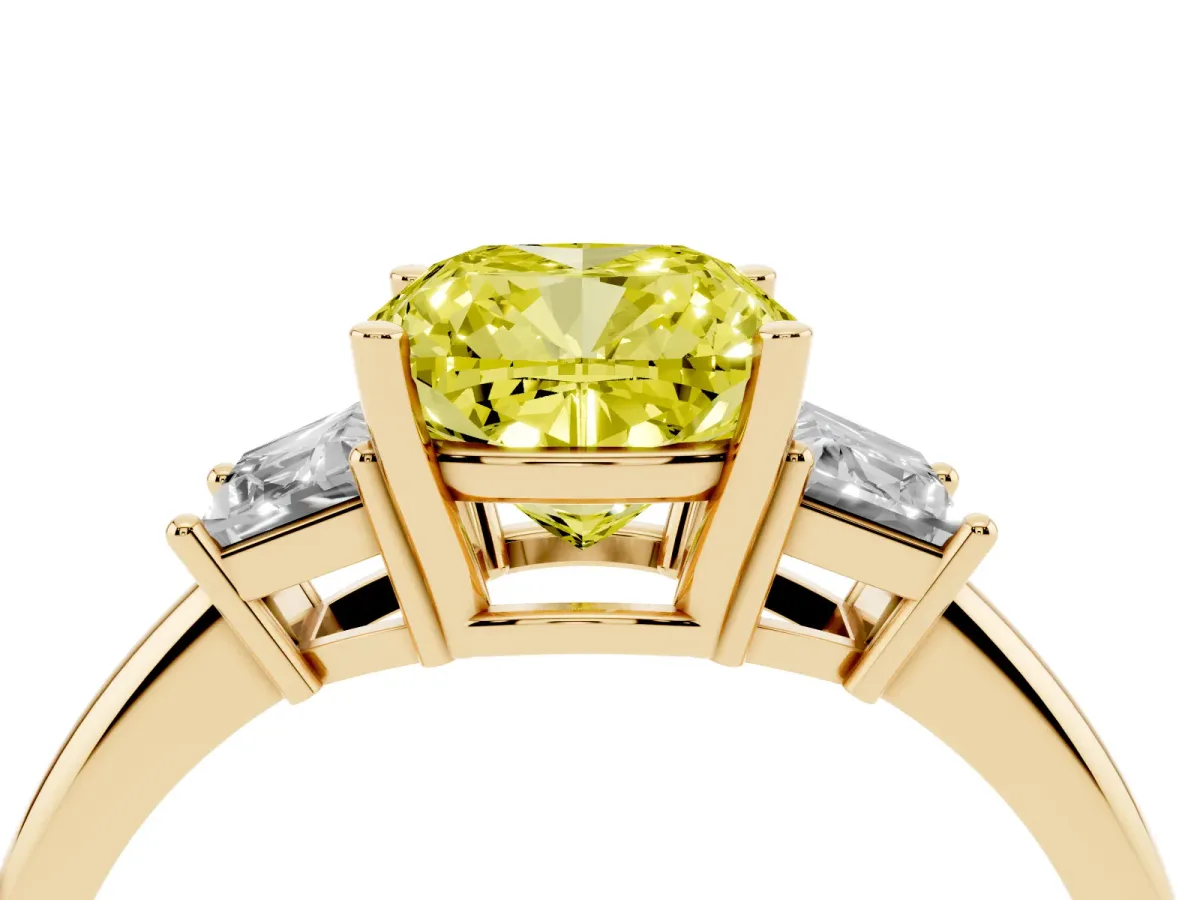 Fancy Yellow Cushion Cut Diamond Three-Stone Ring with Trapezoid Side Stones and Prong Setting Yellow gold